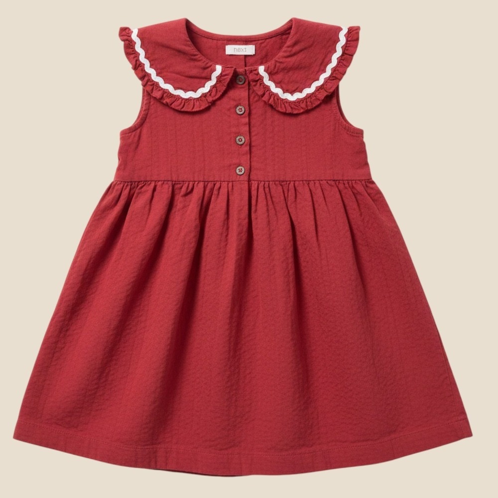 Next Kids Red Cotton Ric Rac Peter Pan Collar Dress Girls 4-5Y T84-725-411